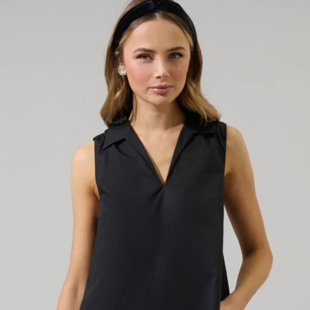 NEW Beyond Threads Pima Cotton Tunic Black Sleeveless Collared V-Neck Top Medium